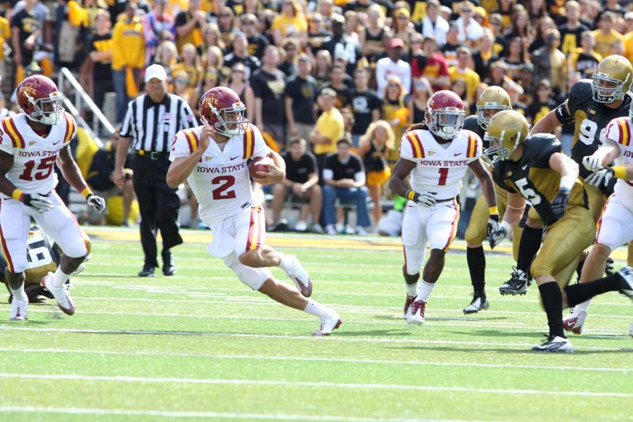 Quarterback Steele Jantz runs the ball during the game against Iowa on Saturday, Sept. 8, at Kinnick Stadium. Cyclones beat Hawkeyes with 9-6. 

