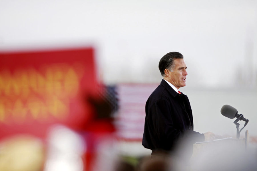 
Presidential candidate Mitt Romney speaks to a crowd of 3,500 people on Friday, Oct. 26, 2012 at Kinzler construction in Ames.

