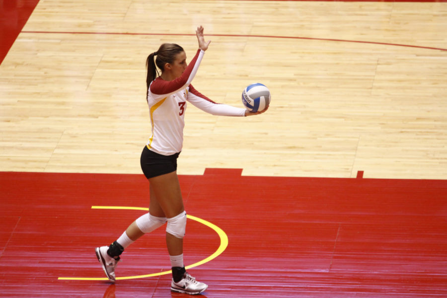 Rachel Hockaday serve the ball during the game against Baylor on Saturday Sept 22, 2012 at Hilton Coliseum. Cylones won with 3-1.
