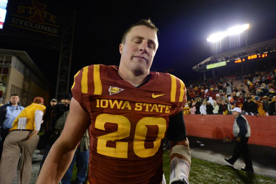 Jake Knott walks off the field after the game against Baylor on Saturday, Oct. 27, at Jack Trice Stadium. Cyclones won 35-21.
