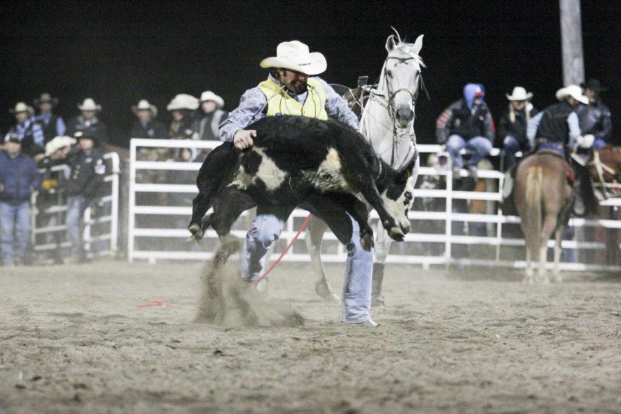 Justin Zwiefel of South Dakota State University competes in tie-down calf roping Saturday, Oct. 6, at the Cyclone Stampede Rodeo. The Cyclone Stampede, which began in 1962, celebrated its 50th anniversary this year. 
