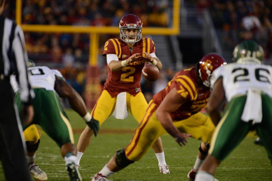 Quarterback Steele Jantz passes the ball in the game against Baylor on Saturday, Oct. 27, at Jack Trice Stadium. Jantz completed 36 out of 52 passes in the 35-21 win.
