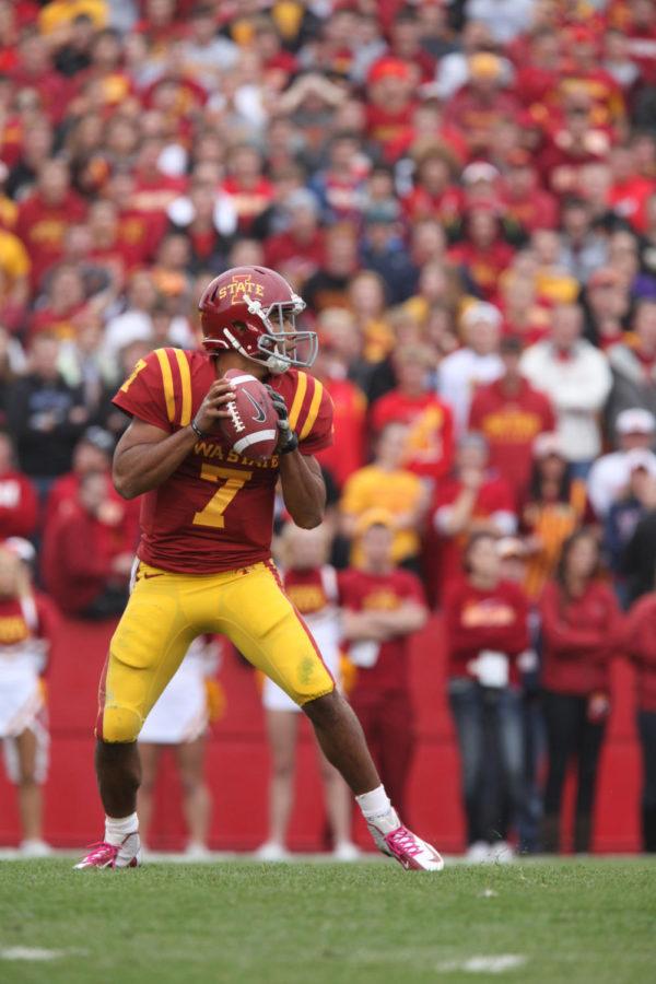 Quarterback Jared Barnett looks for an open receiver at the game on Saturday, Oct. 13, at Jack Trice Stadium. Barnett ran a total of 35 yards in the 27-21 loss to Kansas State. 
