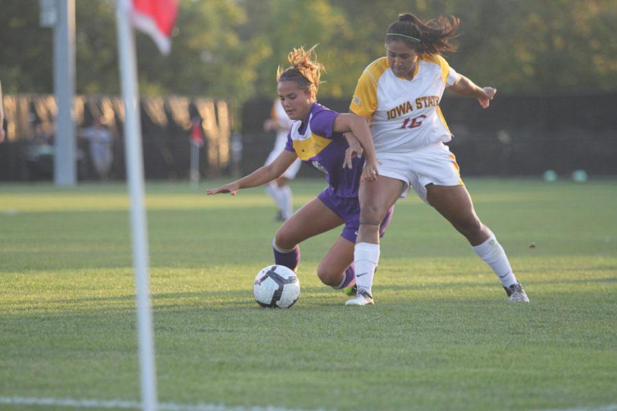 Forward Jennifer Dominguez goes after the ball during the game Tuesday, Sept. 4, in Ames. Cyclones beat the UNI Panthers 6-1.
