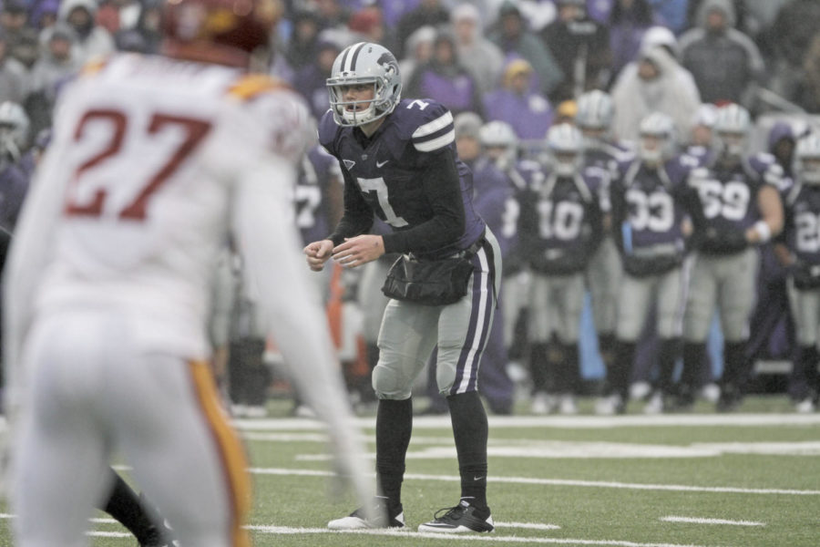 Kansas State quarterback Collin Klein sets to receive a snap
during the second quarter of the Wildcats matchup with Iowa State
on Saturday, Dec. 3. Kansas State won 30-23 to move to 9-3 and
preserved a shot at a BCS bowl berth.
