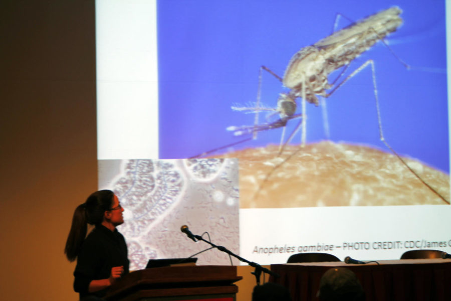 Lyric Bartholomay, associate professor of entomology, speaks on the effects of disease transmitted by mosquitoes during a discussion of the documentary, A Killer in the Dark, put on by the Imagine No Malaria initiative Wednesday, Oct. 10, in the Sun Room of the Memorial Union. Imagine No Malaria is an initiative to battle malaria through the distribution of insecticide-treated mosquito nets and how to properly use them in Africa.
