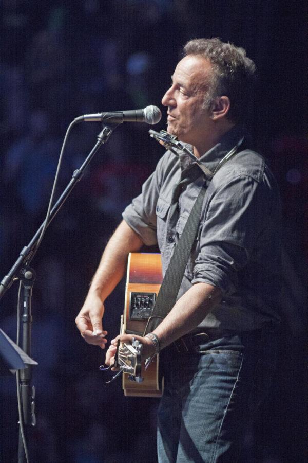 Singer Bruce Springsteen performs Thursday, Oct. 18, at Hilton Coliseum. His visit was a part of the Obama campaigns Campus Takeover events across Iowa this week. 