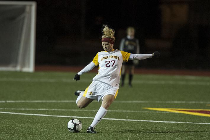 No. 27 Theresa Kucera, junior in kinesiology and health, serves the ball during the ISU soccer game against Oklahoma. The Cyclones lost their season closer to the Sooners 3-0 on Friday, Oct 26 at Cyclone Sports Complex.
