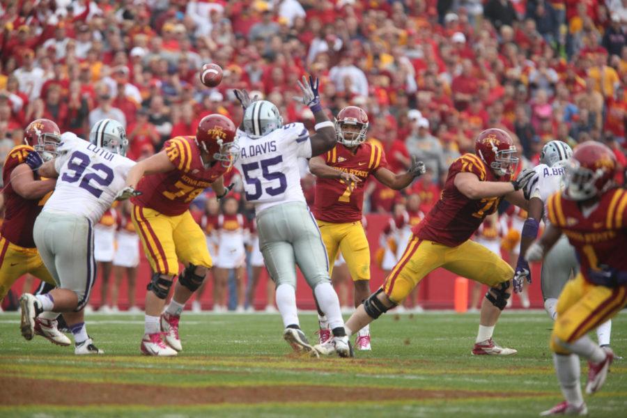 Quarterback Jared Barnett passes the ball during the game Saturday, Oct. 13, at Jack Trice Stadium. Barnett had a total of 166 yards passing in the 27-21 loss to Kansas State. 

