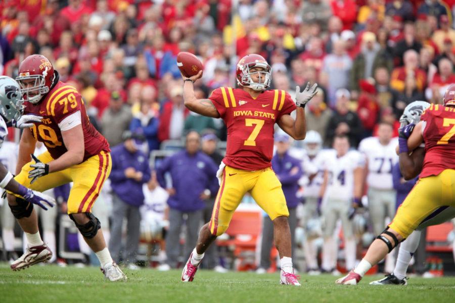 Quarterback Jared Barnett looks for an open space to pass against Kansas State during the game Saturday, Oct. 13, at Jack Trice Stadium. Barnett passed for 166 yards, two touchdowns and one interception in his second start as quarterback for the Cyclones.
