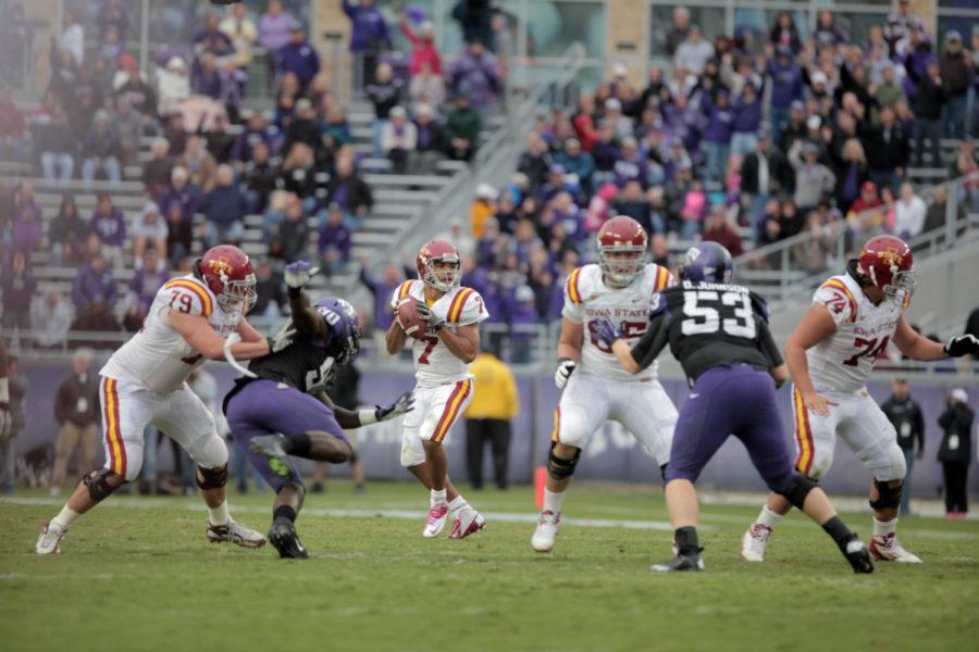 Quarterback Jared Barnett drops back for a pass in the win against TCU on Saturday, Oct. 6, 2012, at Amon G. Carter Stadium in Fort Worth, Texas. Barnett was 12-21 for 183 yards and three touchdowns in his frist 2012 conference start for the Cyclones. 
