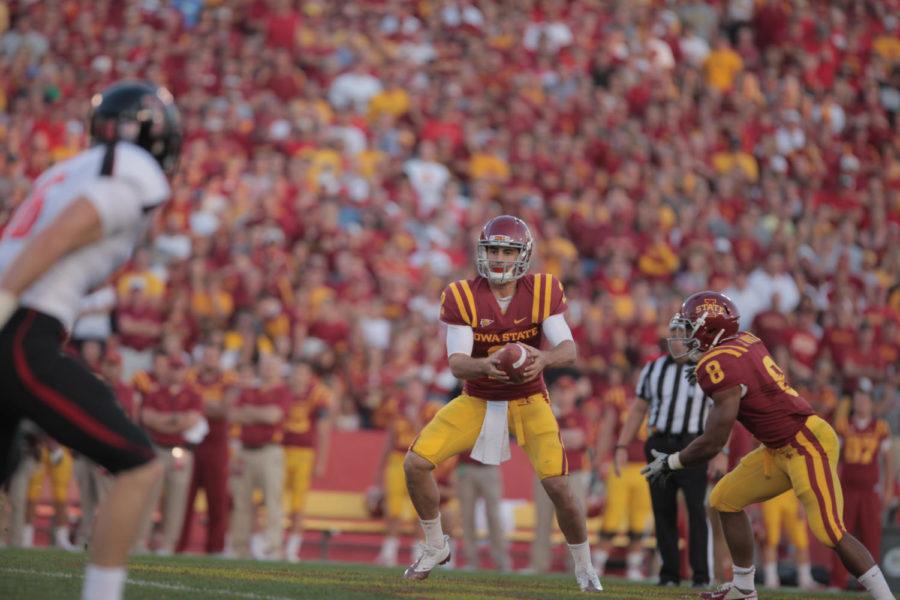 Quarterback Steele Jantz looks for an open receiver during the game against Texas Tech on Saturday, Sept. 2, at Jack Trice Stadium. Cyclones lost 13-24.
