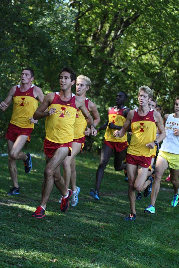 Cross-country+runners+head+towards+the+finish+line%2C+Sept.+15%2C+2012%2C+at+the+Iowa+Intercollegiate+cross-country+meet+in+Ames.+The+womens+team+placed+first+overall.+The+men+saw+one+of+its+runners+place+first+but+ultimately+fell+to+second+place+in+overall+score.%0A