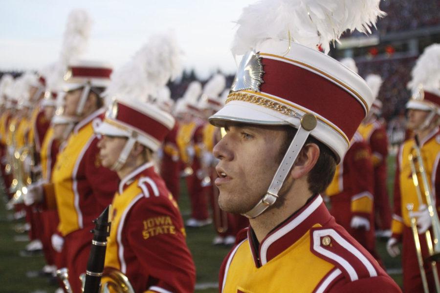 ISU Cyclone Football "Varsity" Marching Band lines up on the field before the football game against Baylor on Saturday at Jack Trice Stadium. The band played a medley of ISU fight songs as part of its Cytennial Homecoming game performance.
