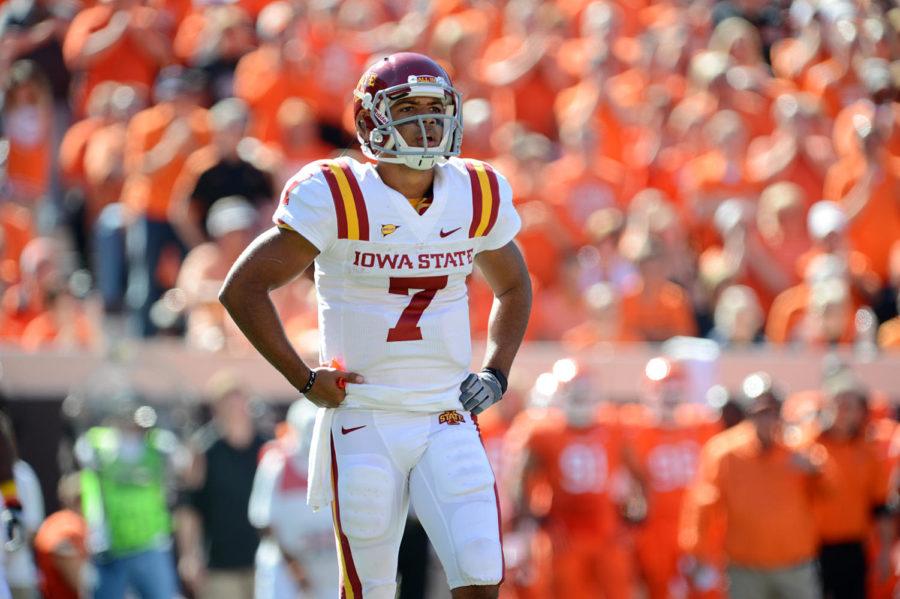 Quarterback Jared Barnett watches a play unfold in the Cyclones 31-10 loss to the OSU Cowboys on Saturday, Oct. 20, at Boone Pickens Stadium. Barnett went 19-of-39 in pass completions with one touchdown and one interception.
