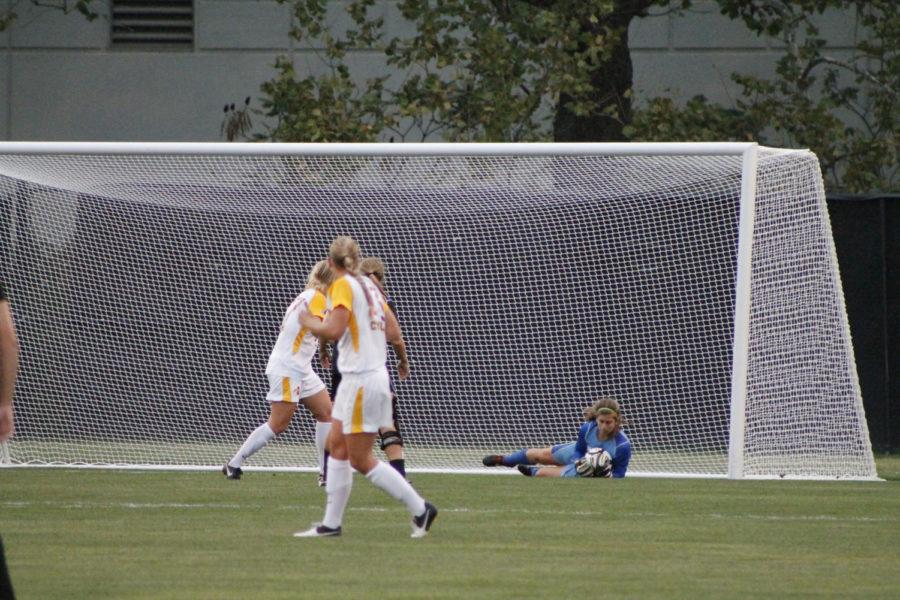 Goalkeeper Maddie Jobe makes a save during the Cyclones soccer match against the Iowa Hawkeyes, Friday, Aug. 31, at the soccer complex. The Hawkeyes defeated the Cyclones 3-1.

