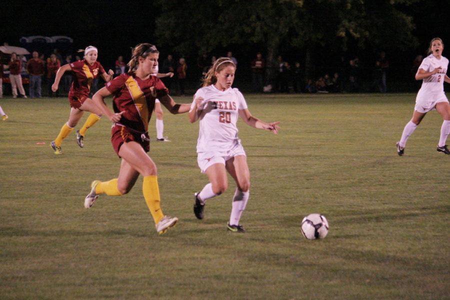 Defender Ashley Johnson runs for the ball during the game against Texas on Friday, Sept. 21, at the ISU Soccer Complex.

