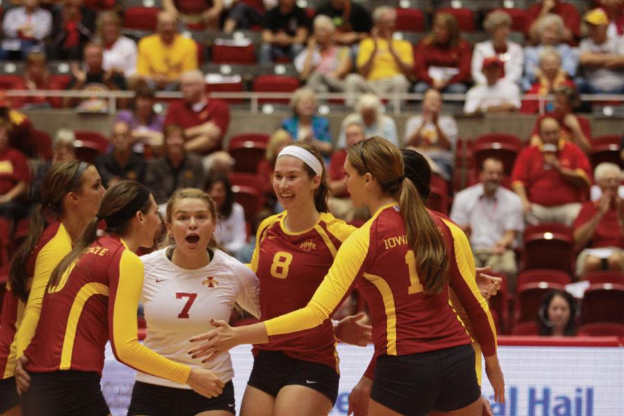 The+ISU+womens+volleyball+team+celebrates+a+point+in+a+huddle+during+a+game+against+Eastern+Washingtion+Eagles+on+the+afternoon+of+Friday+Sept7.+The+game+was+part+of+the+2012+Iowa+State+Challenge+Tournament+in+the+Hilton+Coliseum.%0A