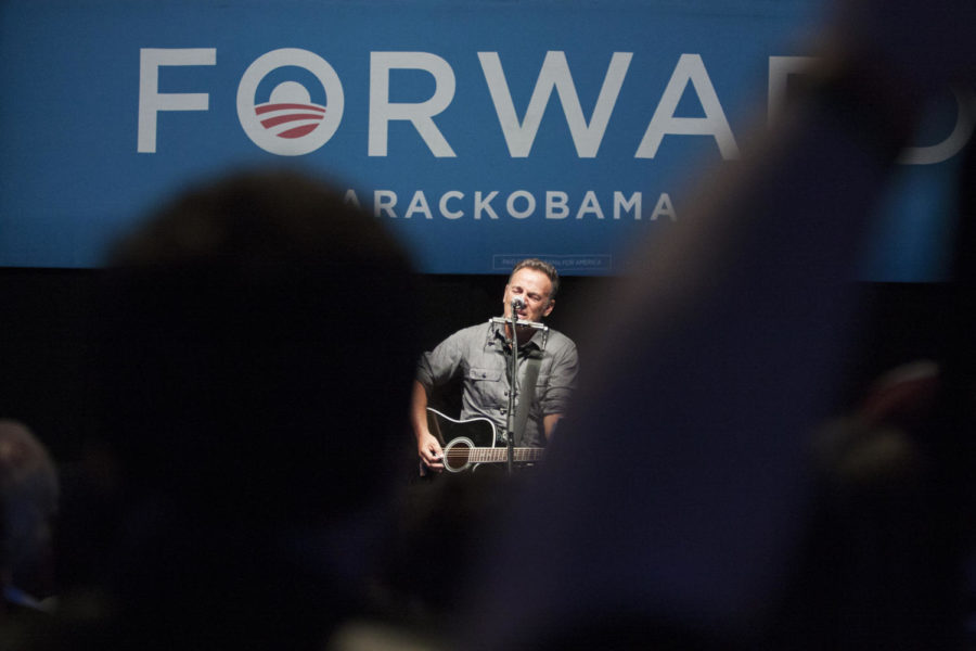 Singer Bruce Springsteen performs Thursday, Oct. 18, at Hilton Coliseum. His visit was a part of the Obama campaigns Campus Takeover events across Iowa this week.
