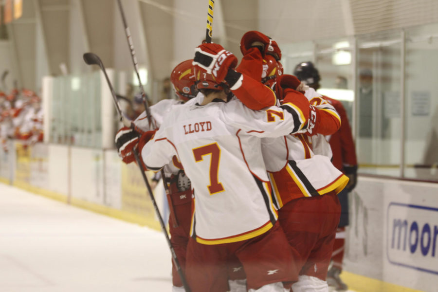 Iowa State celebrates after a goal against the North Iowa Bulls on Friday, Oct. 12, at the Ames/ISU Ice Arena. The Cyclones lost their exhibition matchup to the Bulls 2-5.

