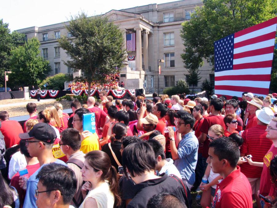 Thousands gather in front of Curtiss Hall to hear President Barack Obama speak Tuesday, Aug. 28, on Central Campus.
