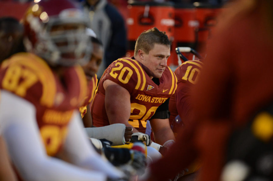 Jake Knott sits on the bench during the game agianst Baylor on Saturday, Oct. 27, at Jack Trice Stadium. Knott had a total of seven solo tackles in the win.
