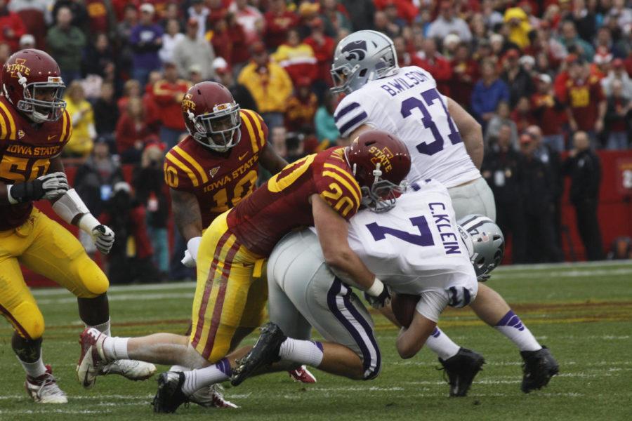 No. 20 Jake Knott sacks Kansas States quarterback Collin Klein in the backfield, forcing the Wildcats to punt Saturday, Oct. 13, at Jack Trice Stadium. After a long battle, the Cyclones fell to the Wildcats 27-21.
