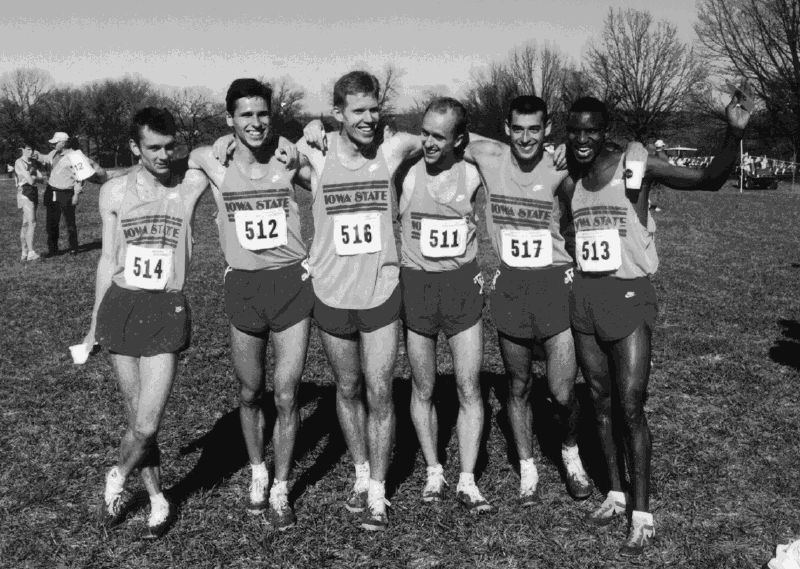The 1994 ISU mens cross-country team. From left: Steve Brooks, Dmitry Drozdov, Corey Ihmels, Ian Robinson, Jonathan Estabrook and John Kihonge.
