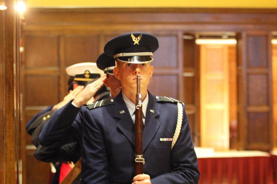 Members of the Color Guard stand at attention awaiting the command to retrieve the colors at the Gold Star Ceremony on Nov. 12 in the Memorial Union.
