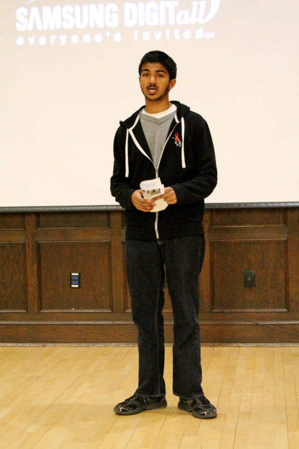 Deepak Premkumar, president of the ISU Global Heath and AIDs Coalition, introduces the documentary How to Survive a Plague on Wednesday, Nov. 28, in the Memorial Union.
