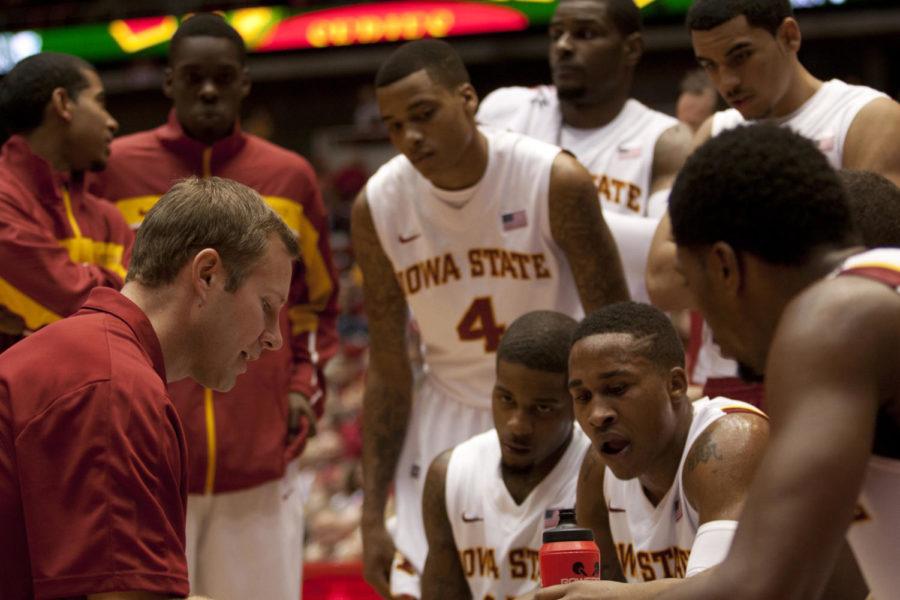 Coach Fred Hoiberg talks to the team during a timeout at Hilton Colliseum on Nov. 4, 2012 in an exhibition game against Minnesota State.
