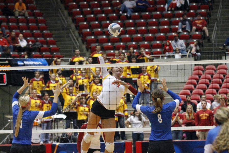ISUs Jamie Straube goes up to attempt a spike against the IPFW Mastodons Thursday, Nov. 29, at Hilton Coliseum. Cyclones were victorious with a final score of 3-2. 
