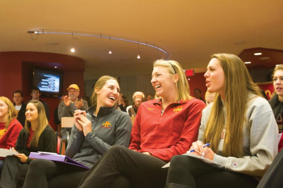 Alison Landwehr, Jamie Straube, and Taylor Knuth react to the announcement of Iowa States No. 15 seeding.
