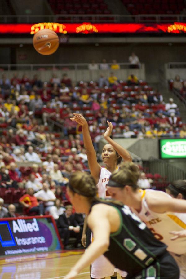 No. 22 Brynn Williamson aims for a 3-pointer. Williamson had 27 minutes of playing time, tying with No. 5 Hallie Christofferson for the most time on the court for the Cyclones.
