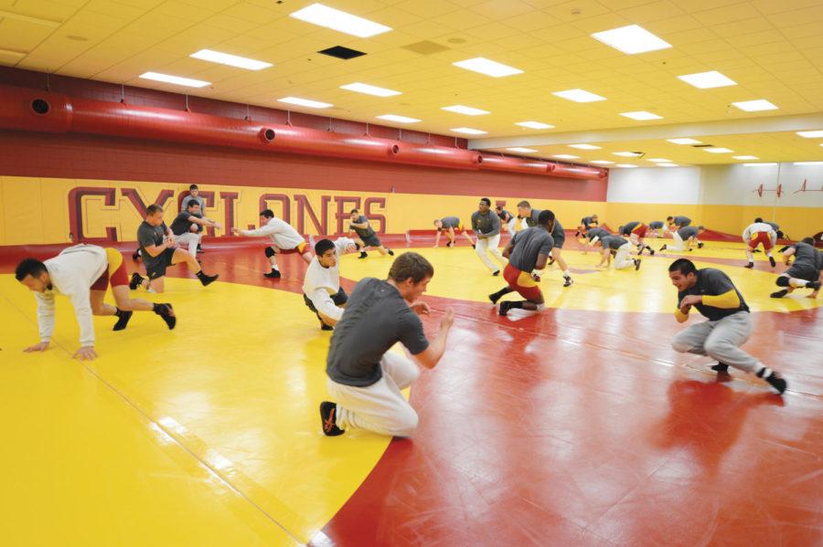 Wrestling players practice during media day Monday, Nov. 5 at the Lied Recreation Athletic Center. 
