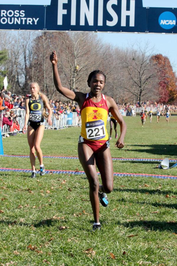 Cross country runner, Betsy Saina, celebrates after finishing first in the NCAA Cross Country National Championships at E.P. Tom Sawyer Park in Louisville, KY on Nov. 17th. Saina set a record at the park with a time of 19:27.9 in a 6k run.
