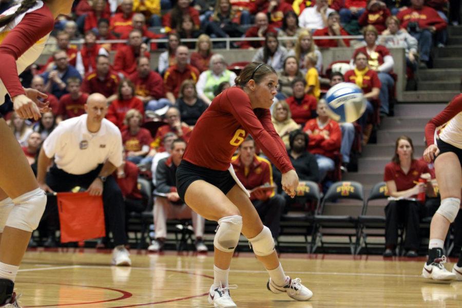 No.+6+Kristen+Hahn+prepares+to+return+the+ball+after+an+attack+from+the+Texas+Longhorns.+Iowa+State+won+in+five+sets%2C+recording+only+the+fourth+win+ever+against+Texas.%0A