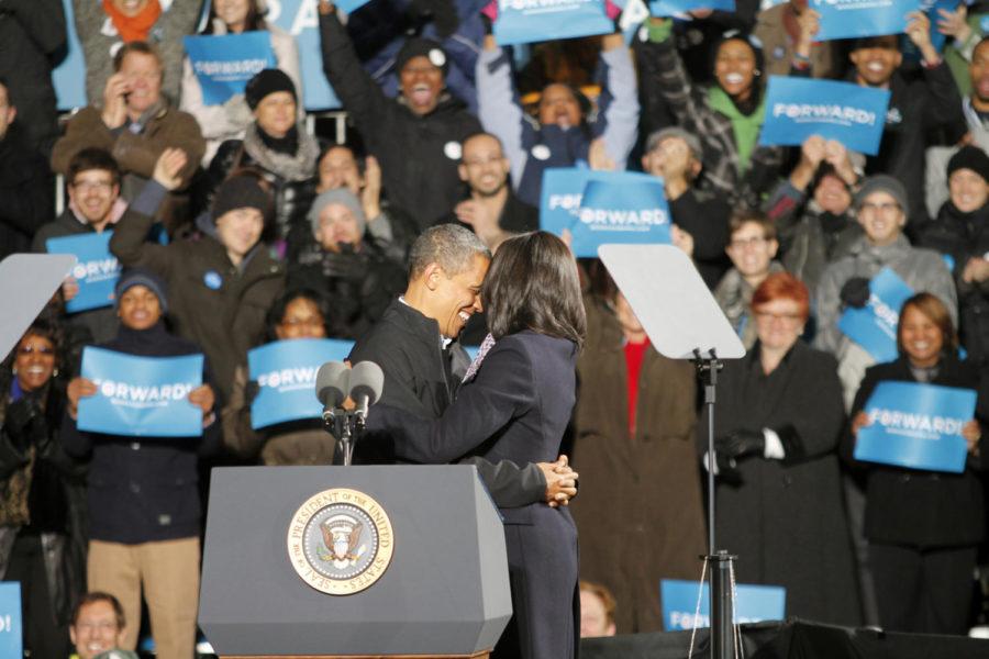 President Barack Obama embraces his wife, first lady Michelle Obama, at the final rally for his re-election Monday, Nov. 5, in the East Village of Des Moines. Michelle provided the introduction speech for Barack.
