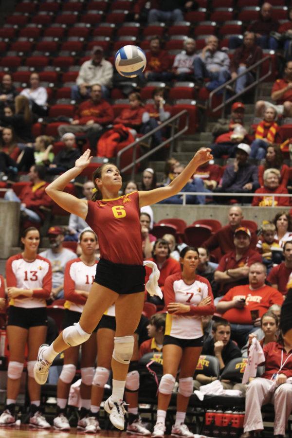 Defensive specialist Kristen Hahn serves the ball to Miami
during the second round of the NCAA Volleyball Championship on
Saturday, Dec. 3. The Cyclones beat the Hurricanes in the first
three sets, advancing them on to the Sweet 16.
