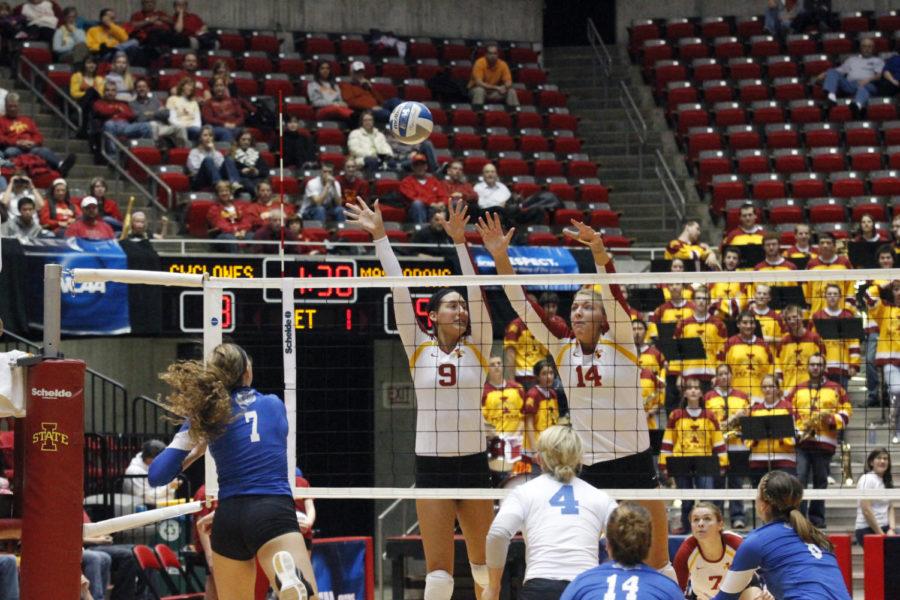 ISUs Alison Landwehr and Jamie Straube go up for a block against the IPFW Mastodons Thursday, Nov. 29, at Hilton Coliseum. The Cyclones won the match 3-2.
