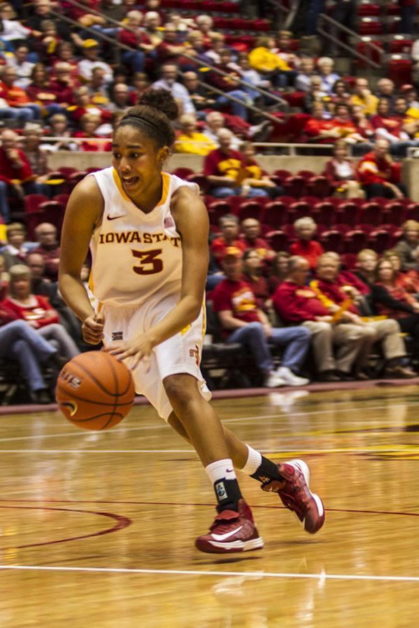 No. 3 Emiah Bingley, freshmen in pre-business, dribbled the ball up the court in the third quarter against the Bearcats. Iowa State defeated Northwest Missouri State 80-33 Thursday, Nov. 1, at Hilton Coliseum.
