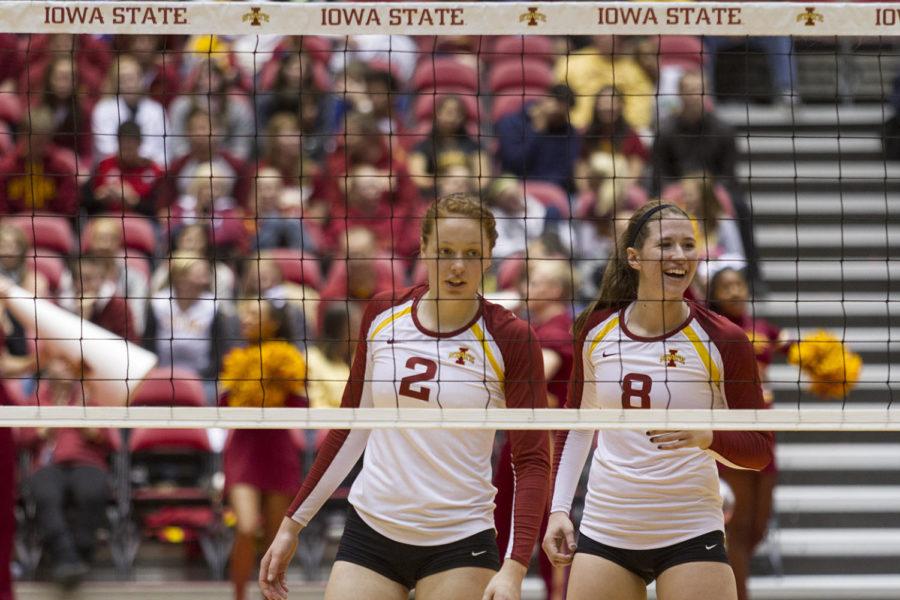 No. 2 Mackenzie Bigbee and No.8 Andie Malloy prepare next block infront of the net. Cyclone women volleyball team beats Texas Techs Red Raiders volleyball team 3-0 at Hilton Coliseum on Saturday, Nov 3.
