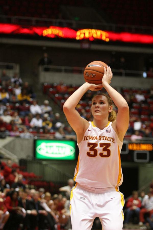 Chelsea Poppens shoots a free-throw on Nov. 11, 2012 at Hilton Coliseum against Western Illinois. Chelsea had an outstanding performance with 23 points, 15 rebounds, and 4 assists.
