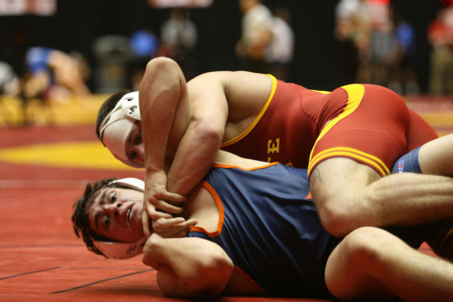 Mikey England of Iowa State wrestles Shawn Keating of Midland University at the Harold Nichols Cyclone Open on Nov. 10, 2012 at Hilton Coliseum. England won his match 16-1 in the 174 lb weight class to move on in the bracket play.
