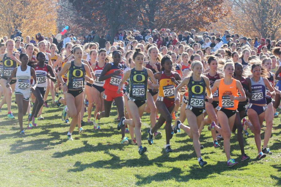 The NCAA Cross-Country National Championships begin as the runners make their way down the first hill Nov. 17 at E.P. Tom Sawyer Park. Cyclones traveled to Louisville, Ky., to compete in the race and finished 11th. ISU runner Betsy Saina finished first with a time of 19:27.9, just half a second ahead of the second-place runner.
