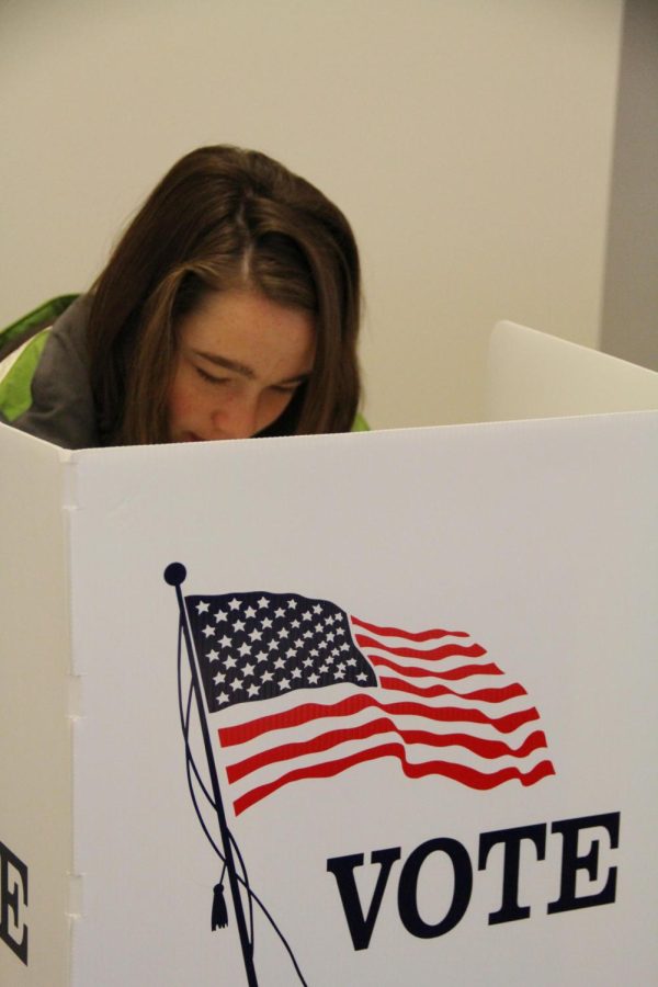 Kayla Krull, freshman in business, fills out her ballot in Maple Hall. Ames had 20 locations throughout the city as designated polling locations.
