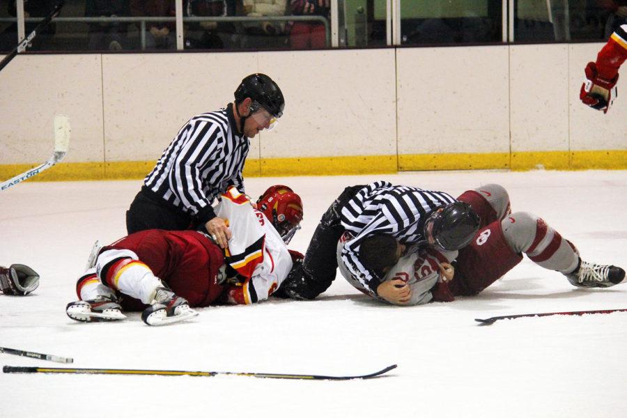 ISU Cyclones hosted their hockey game Friday, Nov. 9, at the Ames/ISU Ice Arena. The Cyclones lost with a score of 3-4. Toward the end of the game, a fight broke out between both teams, resulting in three players being set out of the game for the remainder of the period.
