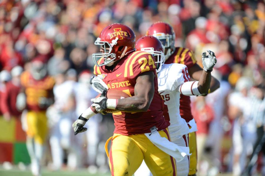 Durrell Givens returns one of his two interceptions against Oklahoma on Saturday, Nov. 3, 2012, at Jack Trice Stadium. The Cyclones lost 35-20.
