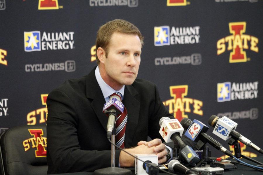 Coach Fred Hoiberg speaks with the media as part of basketball media day Wednesday, Oct. 10, at the Sukup Basketball Complex. Hoiberg is entering his third season as head coach of the mens basketball team.
