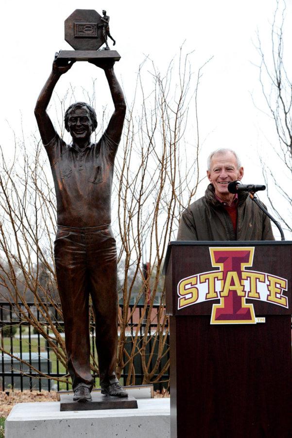 Bill Bergan speaks during the unveiling of a new statue in his honor Friday, Nov. 2, at the Cyclone Sports Complex. Bergan is the former cross-country and track coach at Iowa State. 
